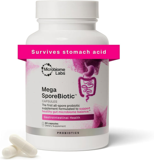 Microbiome Labs MegaSporeBiotic Probiotics for Women & Men - Spore-Based Probiotic for Gut Health & Digestive Support - Shelf-Stable, Travel-Friendly, Mens & Womens Probiotics (60 Capsules)